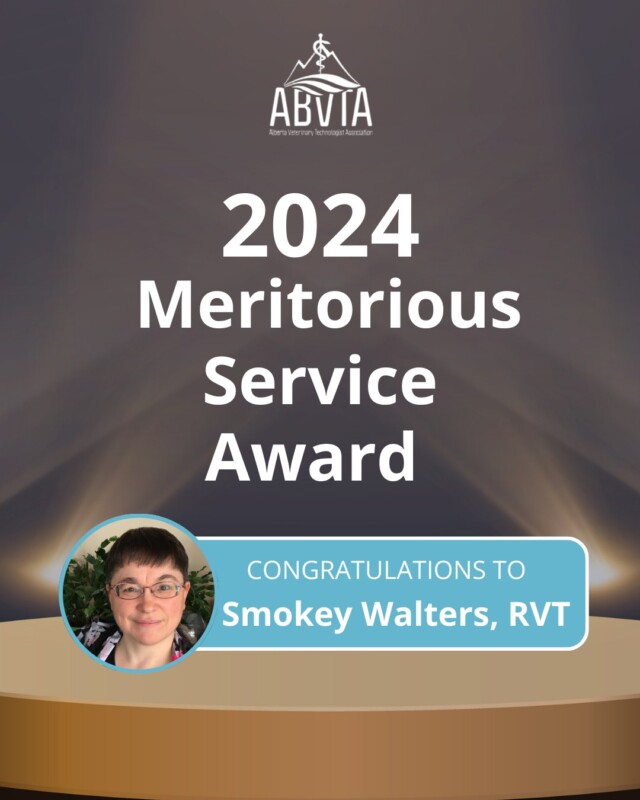 🌟 We are excited to announce ABVTA Member Smokey Walters as the recipient of the 2024 ABVTA Meritorious Service Award! 🌟 This prestigious award is presented to an ABVTA or ABVMA member who has demonstrated outstanding service to the ABVTA. It recognizes individuals who actively promote the role of the veterinary technologist within the profession, to the public, and across the veterinary industry.

💫 Criteria for the Award:
✅ Demonstrates excellence in all aspects of their field.
✅ Conducts themselves in a professional manner.
✅ Shows dedication to the humane treatment of animals.
✅ Contributes to the profession through participation with the ABVTA Board, committees, or activities.

Smokey learned early on the positive impact of volunteering, inspired by the support she received from her own community. After graduating from NAIT’s Animal Health Technology program in 1997, Smokey began volunteering with the AAAHT (now ABVTA), serving on the continuing education committee and as the newsletter editor, before joining the ABVMA’s PIPS and Wellness Committees.

Throughout her 12 years in veterinary practice, Smokey has worked in small, exotic, and mixed animal practice before becoming Executive Assistant for the Edmonton Association of Small Animal Veterinarians (EASAV). There, she founded the Dr. Milton Ness Memorial Teddy Bear Hospital, the Pet Body Donation Program, and the EASAV Peer Support Group. Currently, Smokey works as a Practice Inspector for the ABVMA and an RVT at Blue Cross Animal Hospital. 

Smokey Walters is a shining example of what it means to lead with heart, passion, and purpose. Through her work, she’s not only made a difference in the lives of animals and her community, but she’s also helped shape a stronger future for RVTs everywhere. 💚

Let’s give a big round of applause to Smokey for this incredible recognition! 👏🎉